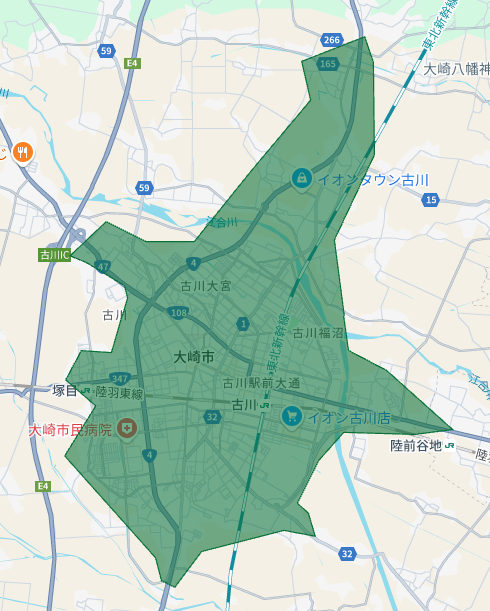 宮城県大崎市のUber Eats(ウーバーイーツ)配達エリア