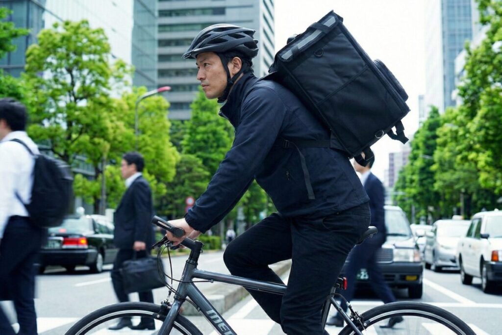 デリバリー配達員が街を駆け抜けている姿。