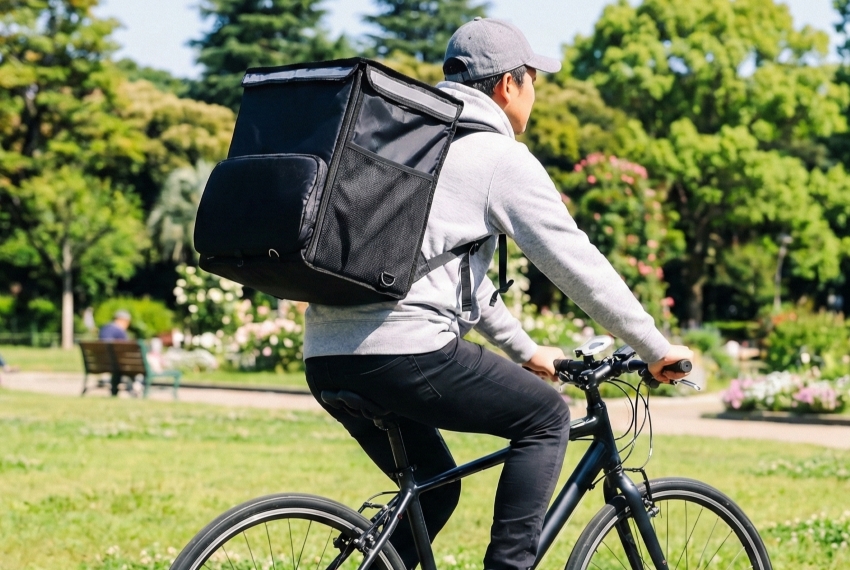 フードデリバリーの配達バッグを背負い実務を行う配達員の様子。2017年からの稼働実績と現場経験を示すイメージ。