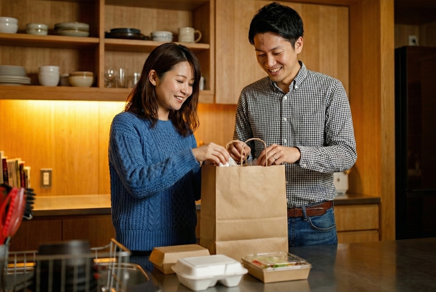 フードデリバリーで注文した商品を自宅で開封している風景。800回以上の注文実績とユーザー視点の検証を示すイメージ。